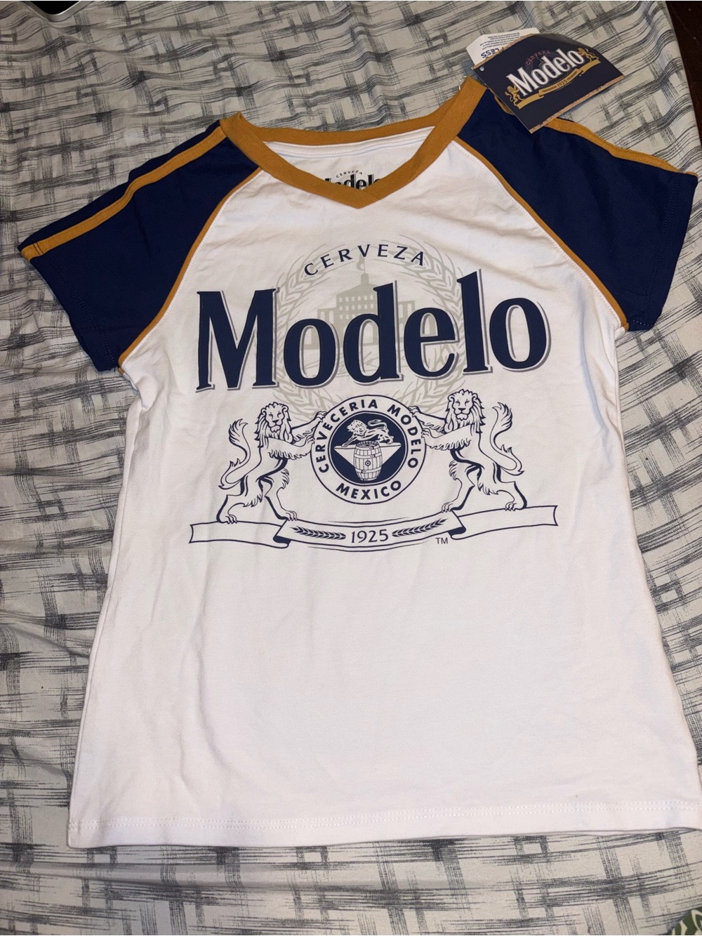 ModelCo Kids White Navy and Gold Logo Raglan Tee